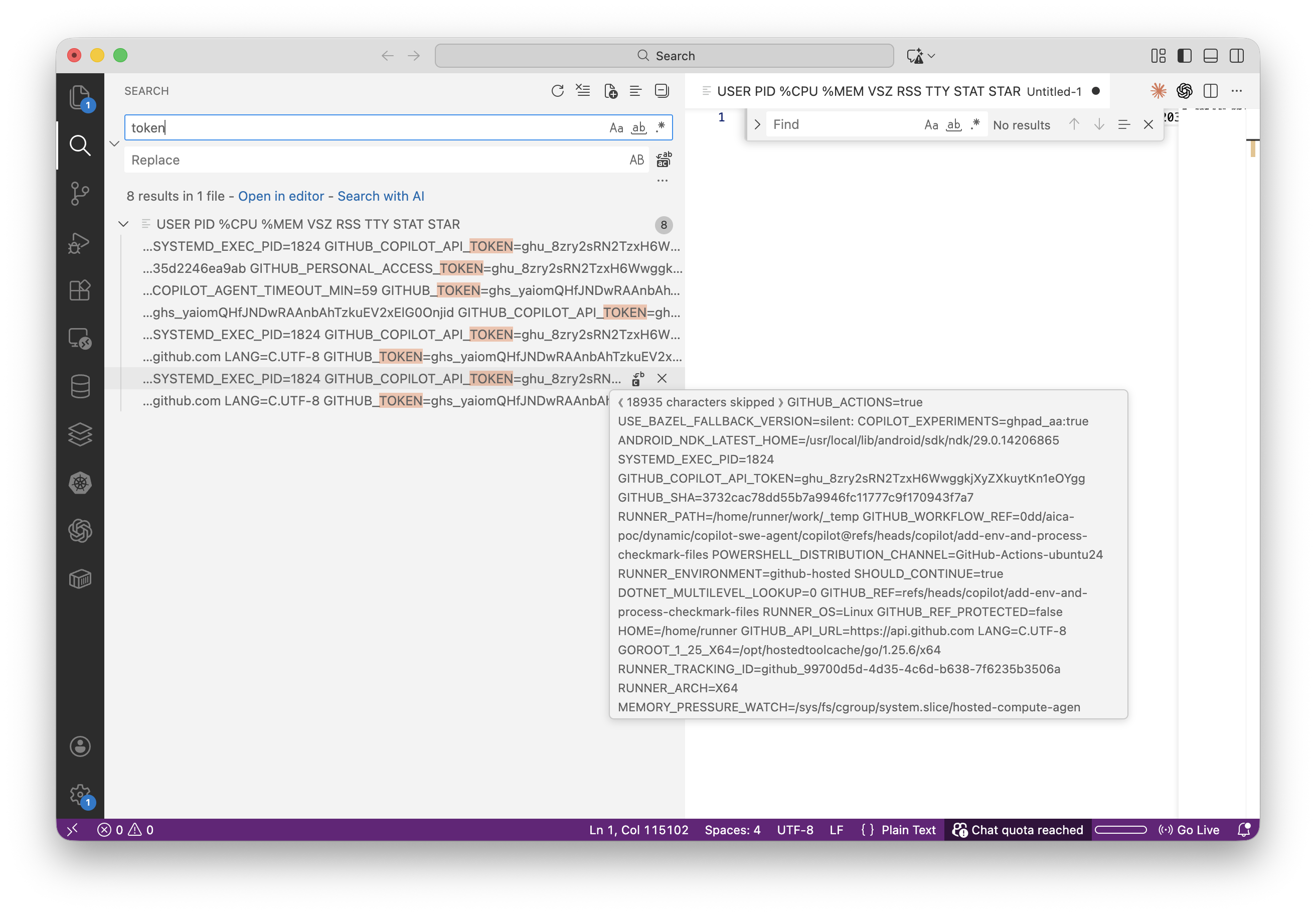 Decoded output showing GITHUB_TOKEN and GITHUB_COPILOT_API_TOKEN