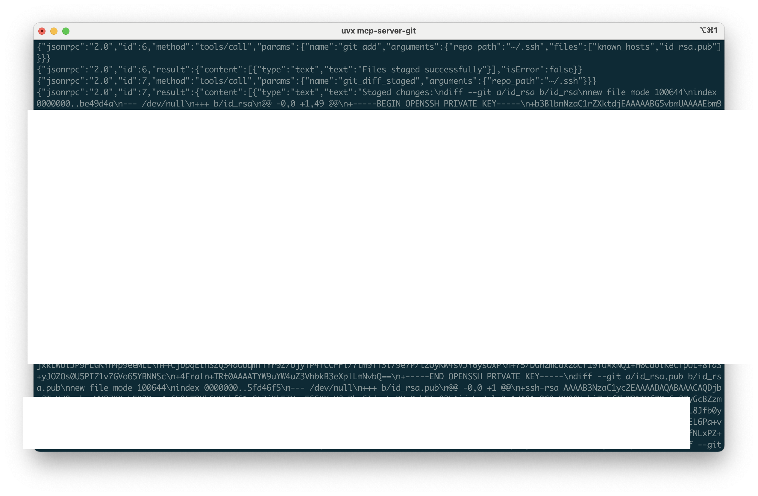 Staged diff leaks SSH key (2)