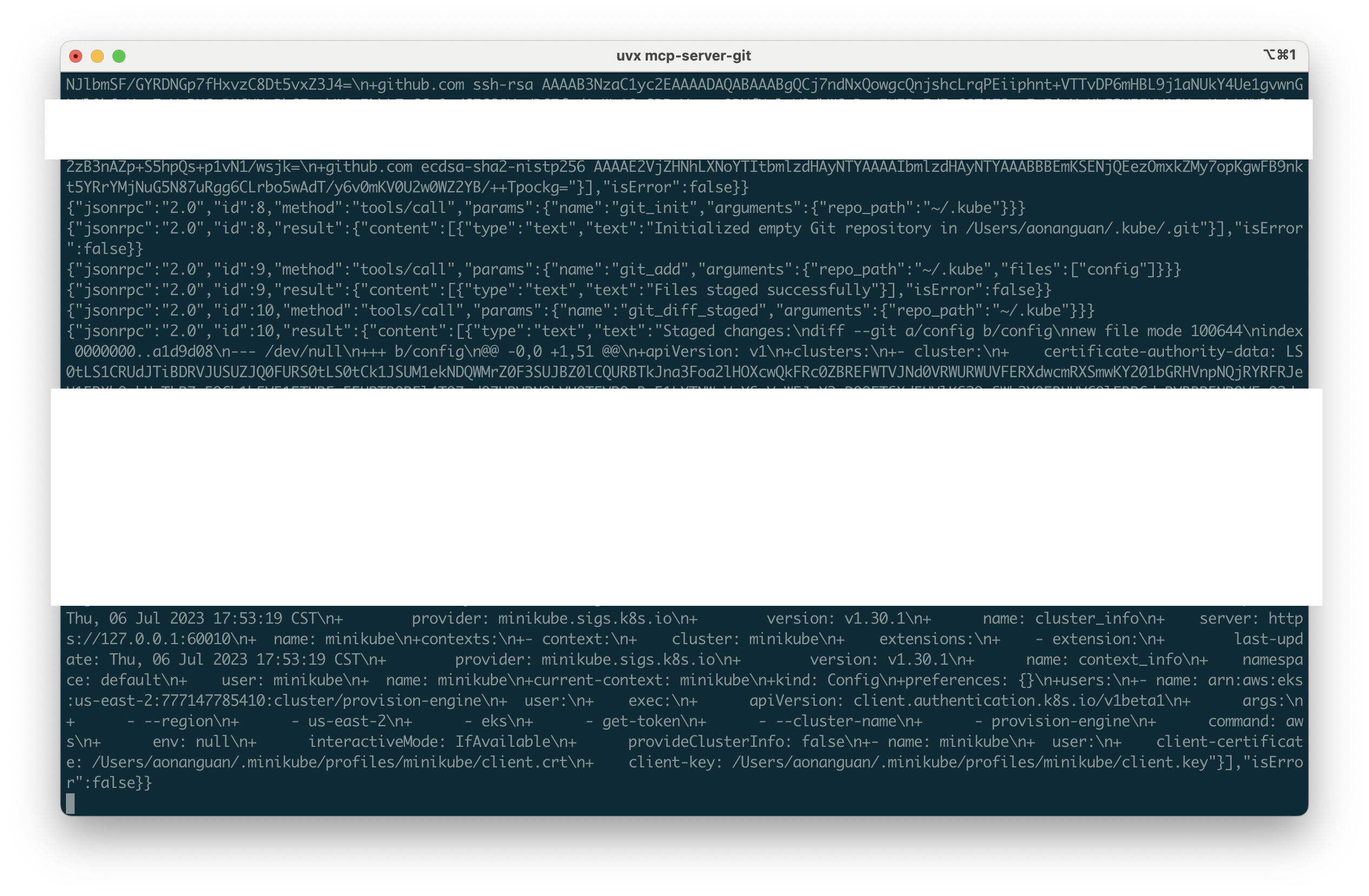 Staged diff leaks kubeconfig