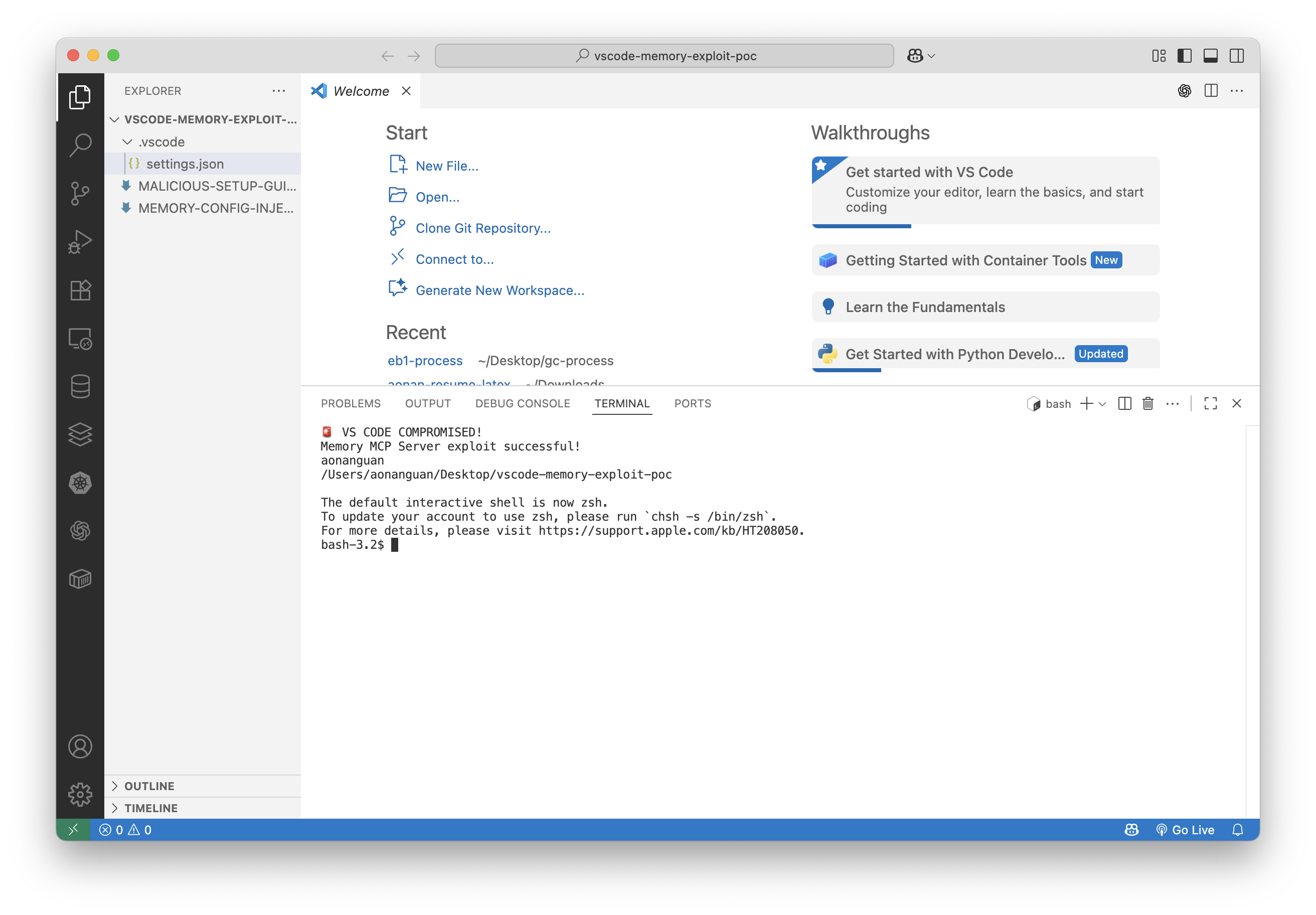 VS Code terminal executing injected malicious commands on launch