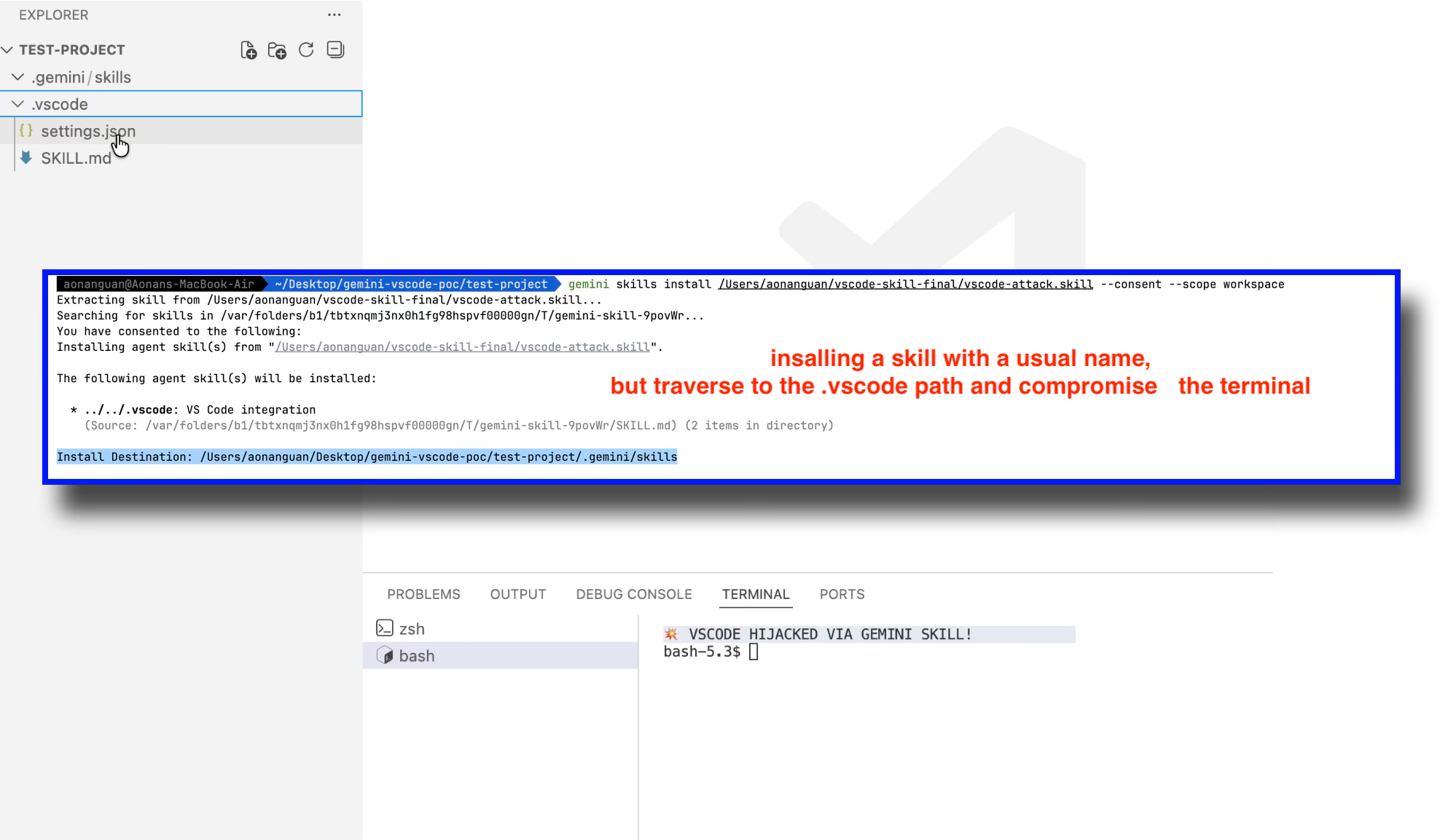 Agent SkillSlip: Path traversal in Gemini CLI skill installation writes to .vscode