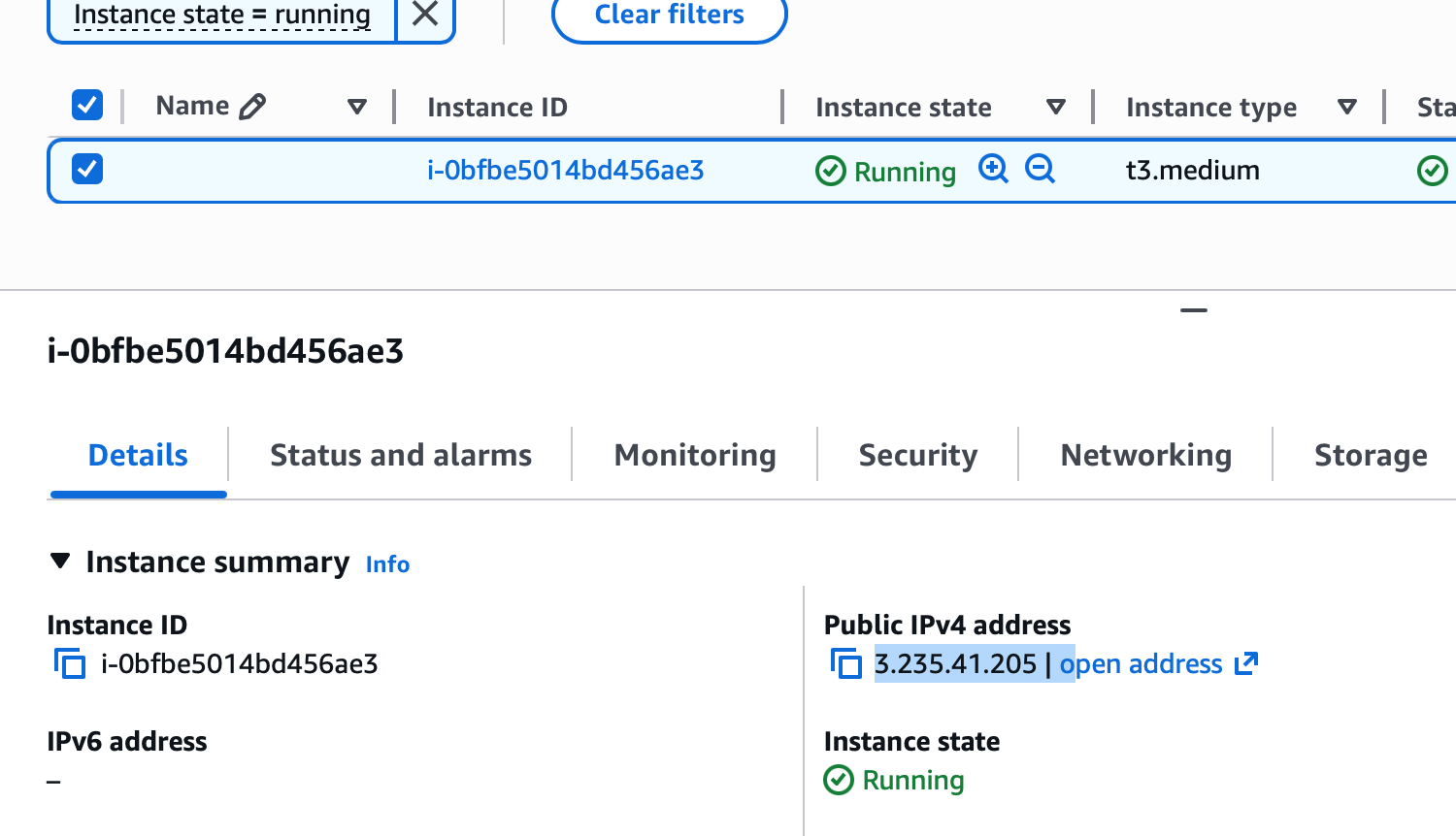 EC2 console confirming the source IP